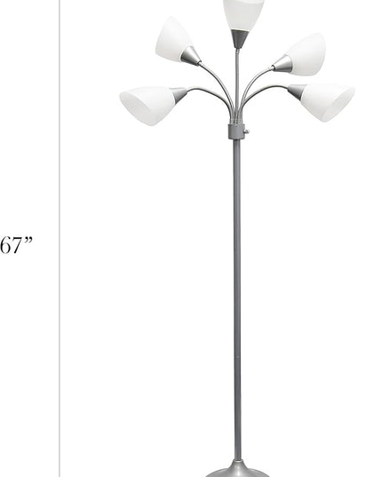 Simple Designs LF2006-SVW 67" Contemporary Multi Head Medusa 5 Light Adjustable Gooseneck Silver Floor Lamp with White Shades for Kids Bedroom Playroom Living Room Office - LeafyLoom
