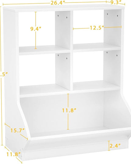 Aheaplus Toy Storage Organizer with Bookcase, 5 Cubby Bookshelf Toy Storage Cabinet, Open Multi-Bins Toys&Books Storage Display Organizer for Playroom, Bedroom, Nursery, School, White - LeafyLoom