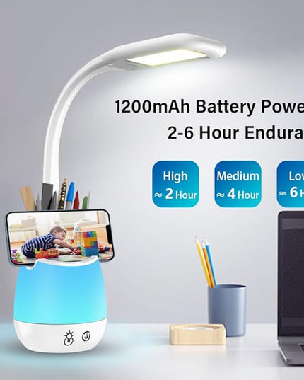 Donewin Rechargeable LED Desk Lamp with Color Changing Light, Pen and Phone Holder - Perfect Study and Reading Lamp for Kids, Teens, and Students - Great Gift for College Dorm Rooms - LeafyLoom