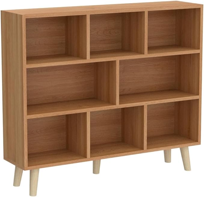 IOTXY Wooden Open Shelf Bookcase - 3-Tier Floor Standing Display Cabinet Rack with Legs, 8 Cubes Bookshelf, Pear Yellow - LeafyLoom