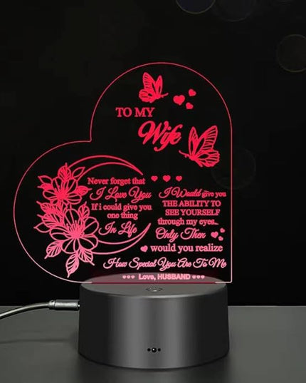 Dear Wife I Love You 3D Light, 7-Color USB Charging Bedside Lamp Decoration, I Love You My Wife 3D Light Gift from Husband, New Love Heart Wife's Birthday Gifts, Home Decoration for My Wife - LeafyLoom