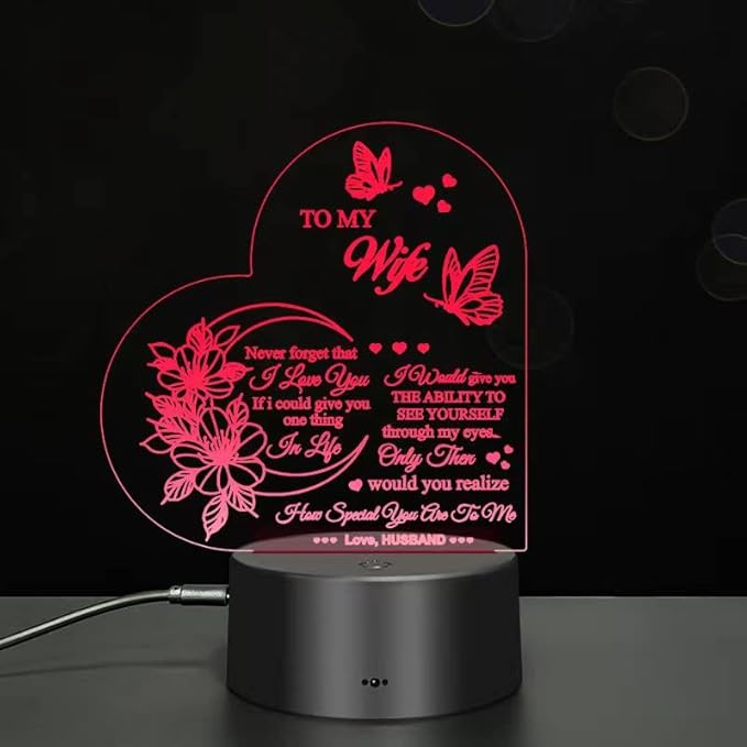 Dear Wife I Love You 3D Light, 7-Color USB Charging Bedside Lamp Decoration, I Love You My Wife 3D Light Gift from Husband, New Love Heart Wife's Birthday Gifts, Home Decoration for My Wife - LeafyLoom