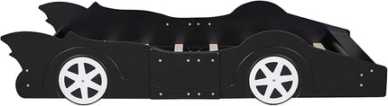 Car Shaped Toddler Bed with Wheels,Racecar Platform Beds W/Safety Guardrail,Slats Support,Stylish Design,Easy Assembly,Wood Twin Bedframe for Boys Toddlers Kids Teens Bedroom,Black - LeafyLoom