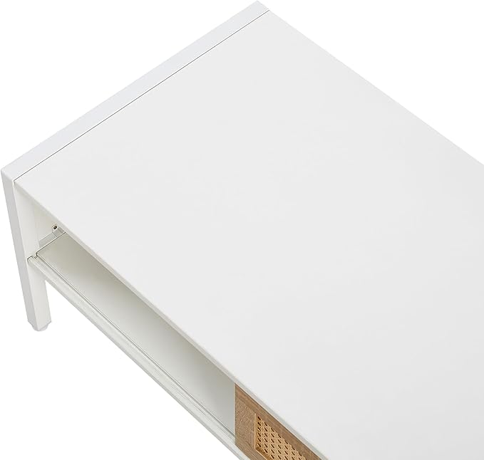 Rattan Coffee Table 40 Inch Mid Century Modern Coffee Table with Storage, Industrial Metal Rectangle Wood Center Table with Rattan Sliding Door for Living Room, White - LeafyLoom