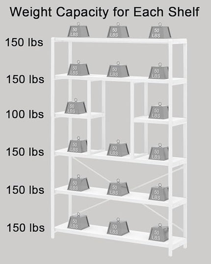 LVB 6 Tier Tall White Bookshelf, Big Metal Wooden Book Shelves Storage, Modern Large Bookcases and Bookshelves 6 Shelf, Farmhouse Open Vertical Display Book Shelf for Bedroom Living Room Office, White - LeafyLoom