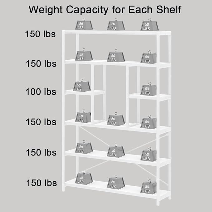 LVB 6 Tier Tall White Bookshelf, Big Metal Wooden Book Shelves Storage, Modern Large Bookcases and Bookshelves 6 Shelf, Farmhouse Open Vertical Display Book Shelf for Bedroom Living Room Office, White - LeafyLoom