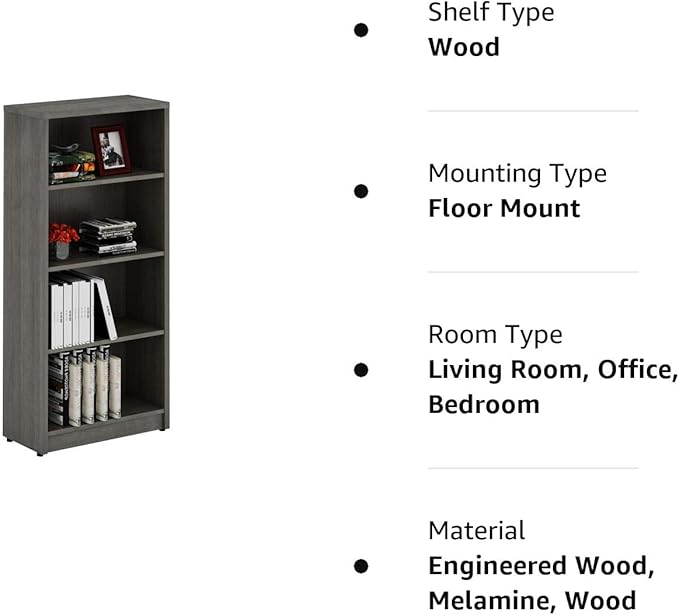 Sunon 4 Shelf Wood Bookcase Freestanding Display Shelf Adjustable Layers Bookshelf for Home Office Library Small Narrow Space (Grey, 4-Layers) - LeafyLoom