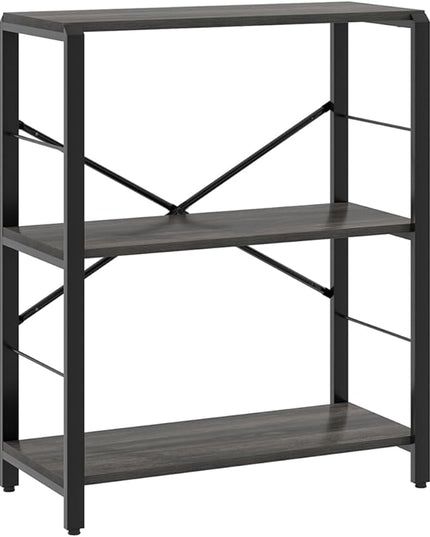 FOLUBAN Industrial Small Bookshelf, 3 Tier Low Short Book Shelf, Metal and Wood BookCase for Small Spaces, Bedroom Living Room, Dark Gray - LeafyLoom
