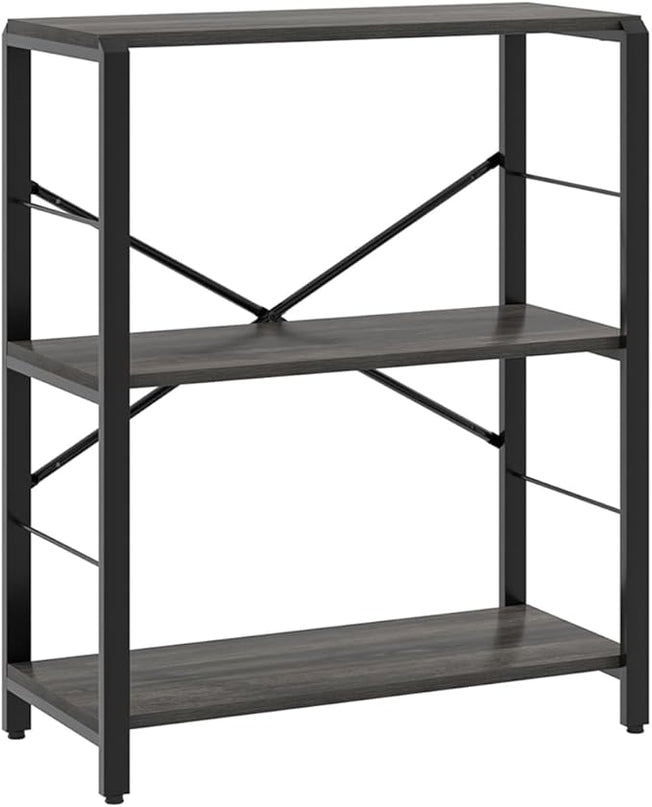 FOLUBAN Industrial Small Bookshelf, 3 Tier Low Short Book Shelf, Metal and Wood BookCase for Small Spaces, Bedroom Living Room, Dark Gray - LeafyLoom