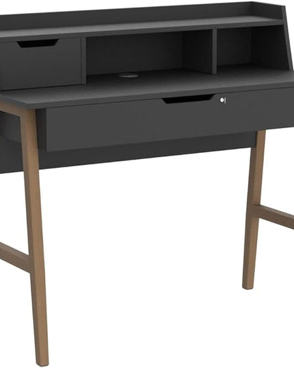 Roma Writing Desk - Elegant Wood Study Desk With Storage, Cable Holes & Drawers - Work Table for Home, Office, Dorm, Small Spaces - Compact Black Desk, 40x19x36.9” (black) - LeafyLoom