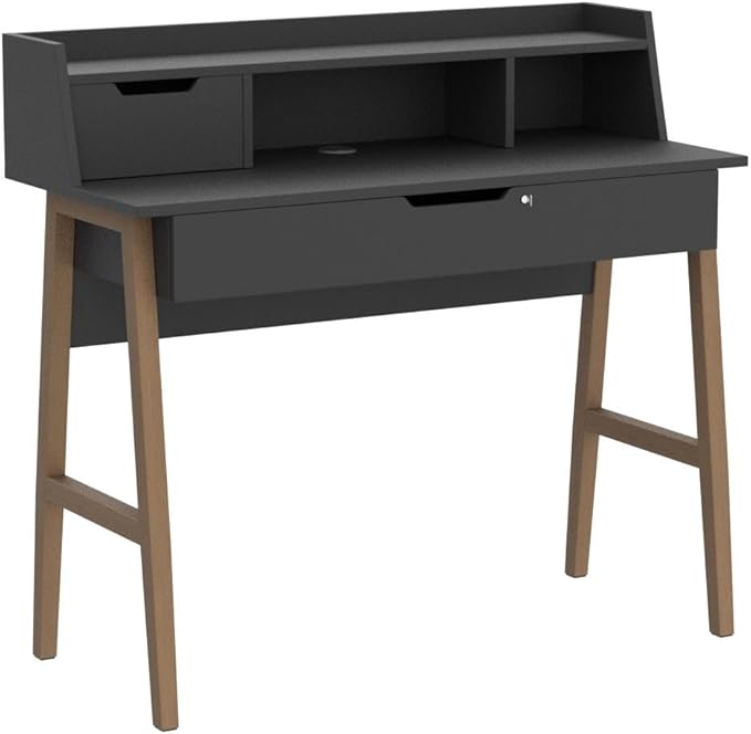 Roma Writing Desk - Elegant Wood Study Desk With Storage, Cable Holes & Drawers - Work Table for Home, Office, Dorm, Small Spaces - Compact Black Desk, 40x19x36.9” (black) - LeafyLoom