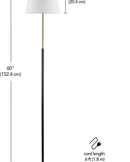 Globe Electric 61000051 60" Floor Lamp, Matte Black, Brass Accents, White Linen Shade, Flat Iron Base, On/Off Rotary Switch on Socket, Reading Lamp, Home Office Accessories, Home Décor - LeafyLoom