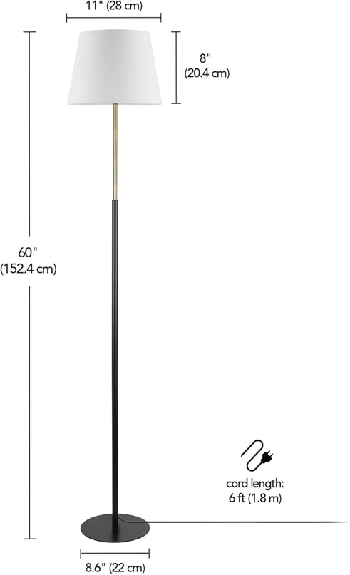 Globe Electric 61000051 60" Floor Lamp, Matte Black, Brass Accents, White Linen Shade, Flat Iron Base, On/Off Rotary Switch on Socket, Reading Lamp, Home Office Accessories, Home Décor - LeafyLoom