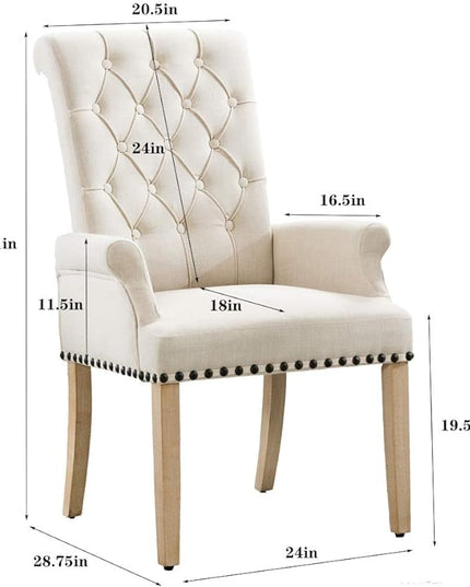 Dining Room Chairs with Arms,Tufted Upholstered High Back Nailed Trim with Untique Oak Wood Legs for Kitchen Restaurant Room Bedroom (Beige) - LeafyLoom