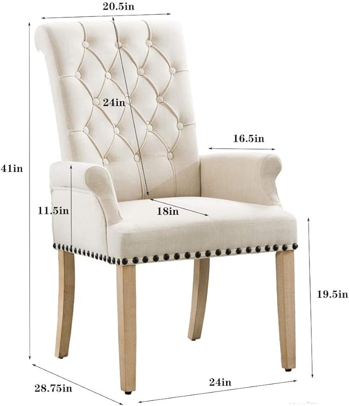 Dining Room Chairs with Arms,Tufted Upholstered High Back Nailed Trim with Untique Oak Wood Legs for Kitchen Restaurant Room Bedroom (Beige) - LeafyLoom