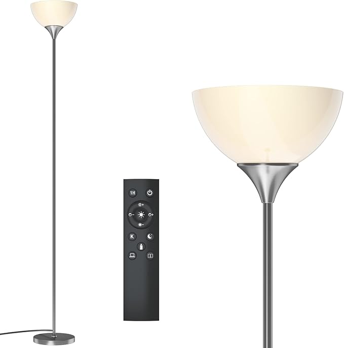 PESRAE Floor Lamp, Remote Control with 4 Color Temperatures, Torchiere Floor lamp for Bedroom, Standing Lamps for Living Room, Bulb Included (Brushed Nickel) - LeafyLoom