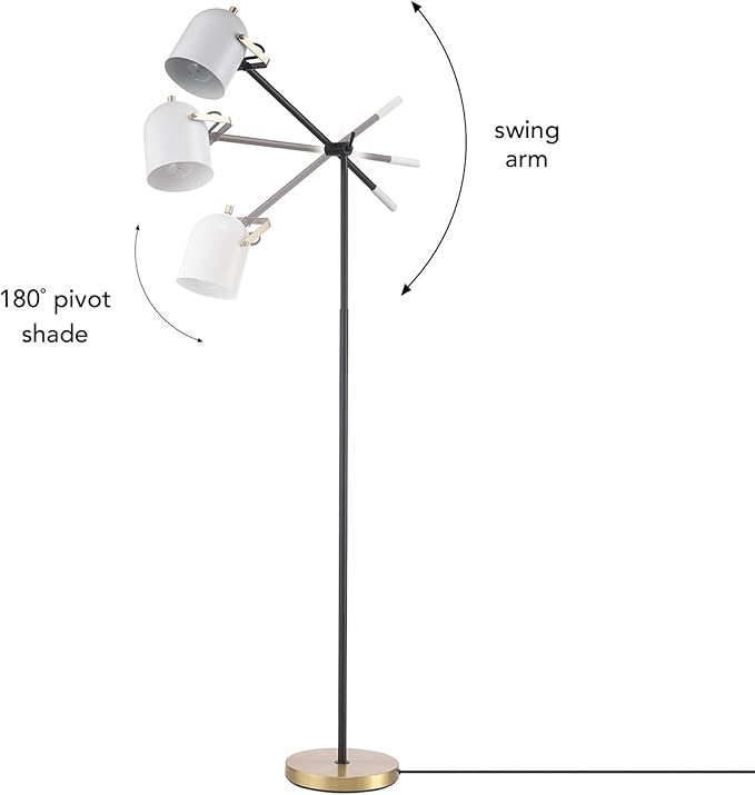 Globe Electric 65910 65" Floor Lamp, Matte Black, Brass Accents, White Shade, On/Off Rotary Switch on Head - LeafyLoom