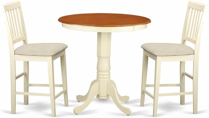 East West Furniture Eden 3 Piece Kitchen Counter Height Set Contains a Round Dining Room Table with Pedestal and 2 Linen Fabric Upholstered Chairs, 30x30 Inch, Buttermilk & Cherry - LeafyLoom