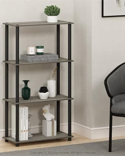 Furinno (99557GYW/BK) Turn-N-Tube 4-Tier Multipurpose Shelf Display Rack - French Oak Grey/Black - LeafyLoom