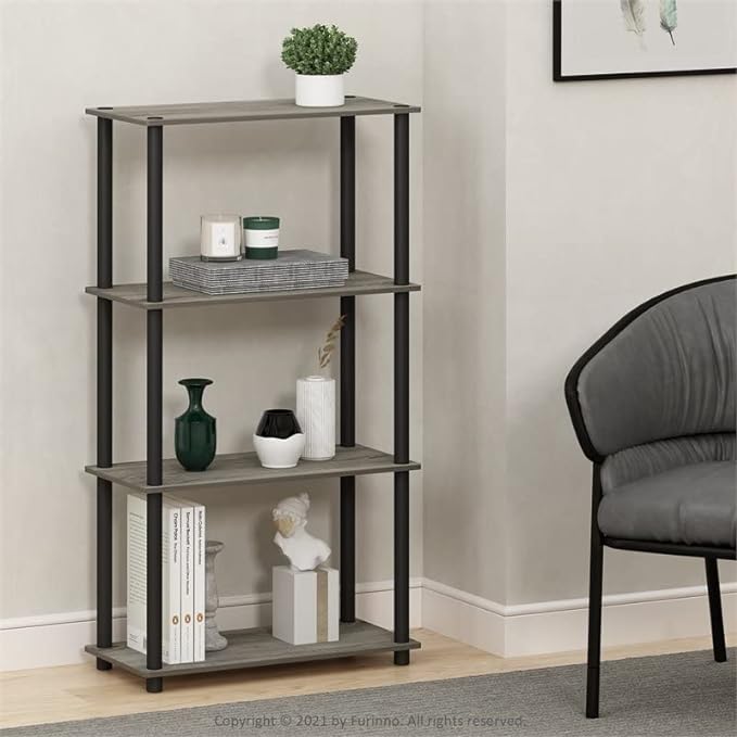 Furinno (99557GYW/BK) Turn-N-Tube 4-Tier Multipurpose Shelf Display Rack - French Oak Grey/Black - LeafyLoom