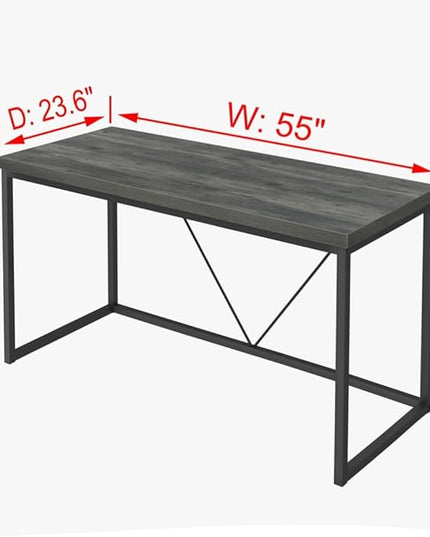 55 inch Computer Desk, Vintage Work Desk for Home Office, Rustic Wood and Metal Study Writing Table, Grey - LeafyLoom