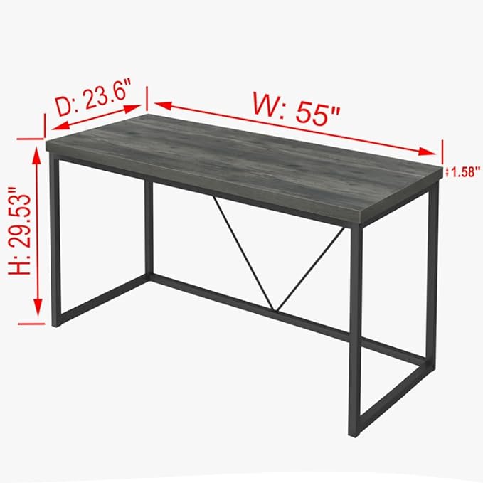 55 inch Computer Desk, Vintage Work Desk for Home Office, Rustic Wood and Metal Study Writing Table, Grey - LeafyLoom