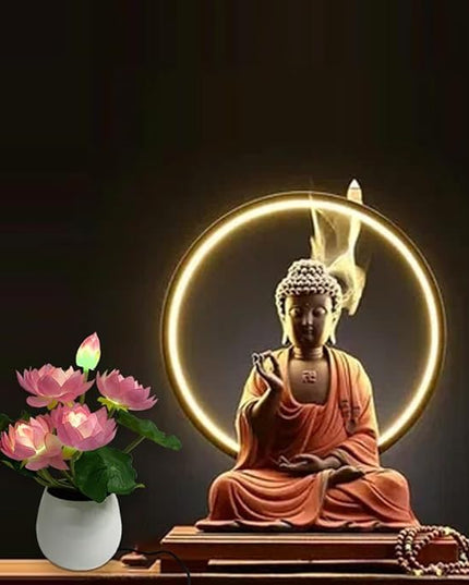 Colorful LED Lotus Flower Lamp Buddha Lamp for Cabinet Buddhist Altar - Artificial Lotus Flower Lamp for Home Living Room Desktop Decor (Colour Light) - LeafyLoom