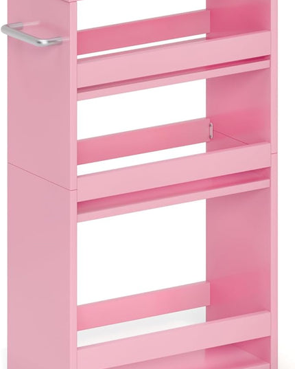 MARTY Rolling Storage Cart 7.9" W, Pink 4-Tier Wood Slim Kitchen Cart on Wheels, Laundry Room Organization with Handle Mobile Bookshelf Utility Cart Trolley for Kitchen Bathroom - LeafyLoom