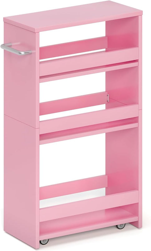 MARTY Rolling Storage Cart 7.9" W, Pink 4-Tier Wood Slim Kitchen Cart on Wheels, Laundry Room Organization with Handle Mobile Bookshelf Utility Cart Trolley for Kitchen Bathroom - LeafyLoom