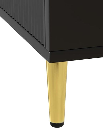 Modern Long Stand with 2 Storage Cabinets and Drawers for Televisions TVs Up to 75", Entertainment Center Console Table with Champagne Legs, Media Furniture for Living Room, Office, Black - LeafyLoom