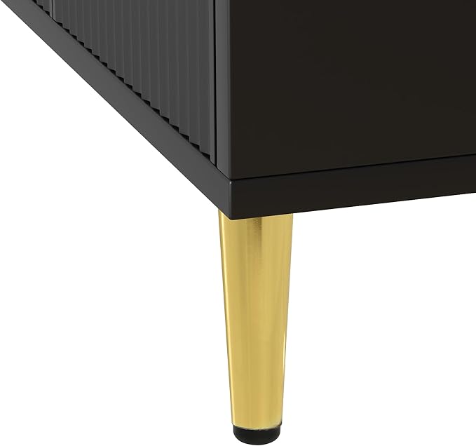 Modern Long Stand with 2 Storage Cabinets and Drawers for Televisions TVs Up to 75", Entertainment Center Console Table with Champagne Legs, Media Furniture for Living Room, Office, Black - LeafyLoom