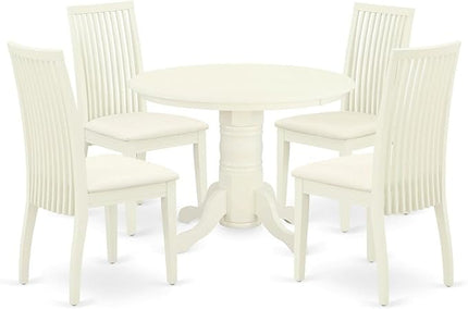 East West Furniture SHIP5-WHI-C 5 Piece Dining Room Furniture Set Includes a Round Kitchen Table with Pedestal and 4 Linen Fabric Upholstered Dining Chairs, 42x42 Inch, Linen White - LeafyLoom