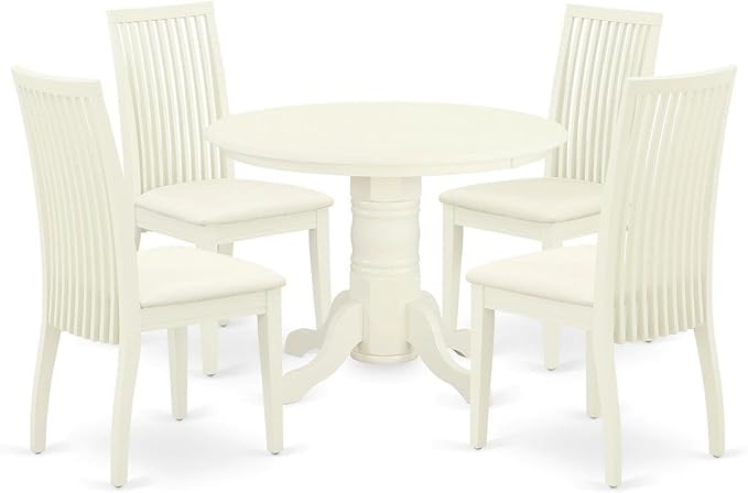 East West Furniture SHIP5-WHI-C 5 Piece Dining Room Furniture Set Includes a Round Kitchen Table with Pedestal and 4 Linen Fabric Upholstered Dining Chairs, 42x42 Inch, Linen White - LeafyLoom