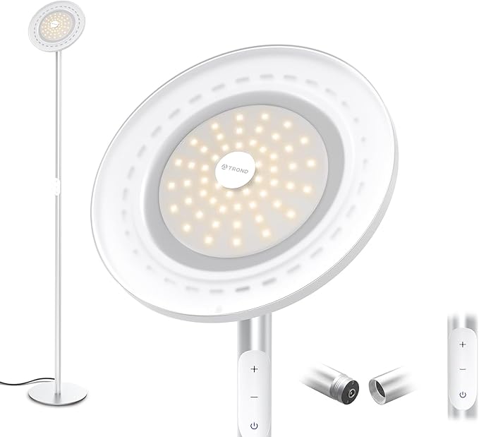 TROND Floor Lamp, 5000LM Super Bright Sky LED Modern Torchiere Standing Lamp, 3000K Warm White with 5-Level Dimmable, 71 in Tall Pole Light, 30-Minute Timer, Modular Rod, Wall Switch Compatible - LeafyLoom