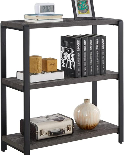 Bookshelf and Bookcase, 3 Tier Vintage Shelf for Office, Rustic Wood and Metal Book Shelves, Grey - LeafyLoom