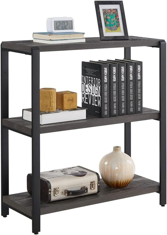 Bookshelf and Bookcase, 3 Tier Vintage Shelf for Office, Rustic Wood and Metal Book Shelves, Grey - LeafyLoom