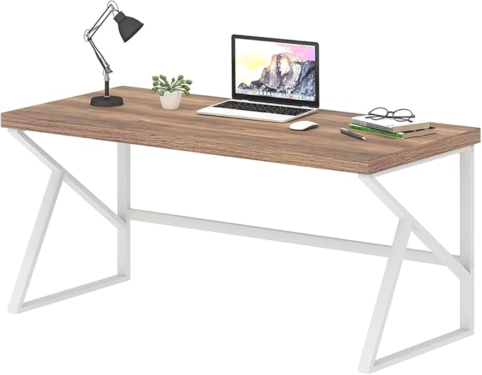 HSH Farmhouse Computer Desk, Large Home Office PC Desk, Modern Simple Metal Wood Desk Workstation for Executive Writing Study, Rustic Long Bedroom Living Room Table, White and Rustic Oak, 60 Inch - LeafyLoom