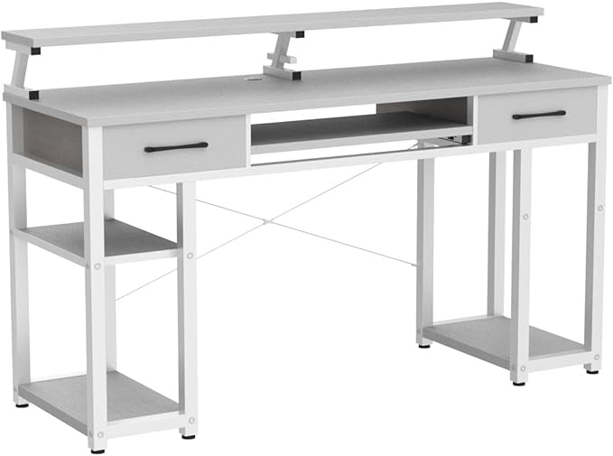 ODK Computer Desk, 55'' Office Desk with Keyboard Tray, Writting Desk with Drawers and Monitor Stand, Study Table with CPU Stand and Removable Shelf for Storage, White - LeafyLoom