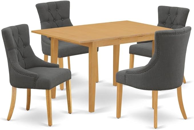 East West Furniture NOFR5-OAK-20 5 Piece Kitchen Table Set Includes a Rectangle Dining Table with Butterfly Leaf and 4 Dark Gotham Linen Fabric Upholstered Chairs, 32x54 Inch, Oak - LeafyLoom