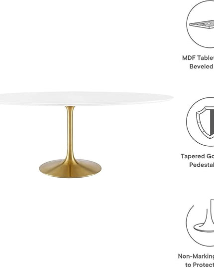 Modway Lippa 78" Oval-Shaped Mid-Century Modern Dining Table with White Wood Top and Gold Base - LeafyLoom