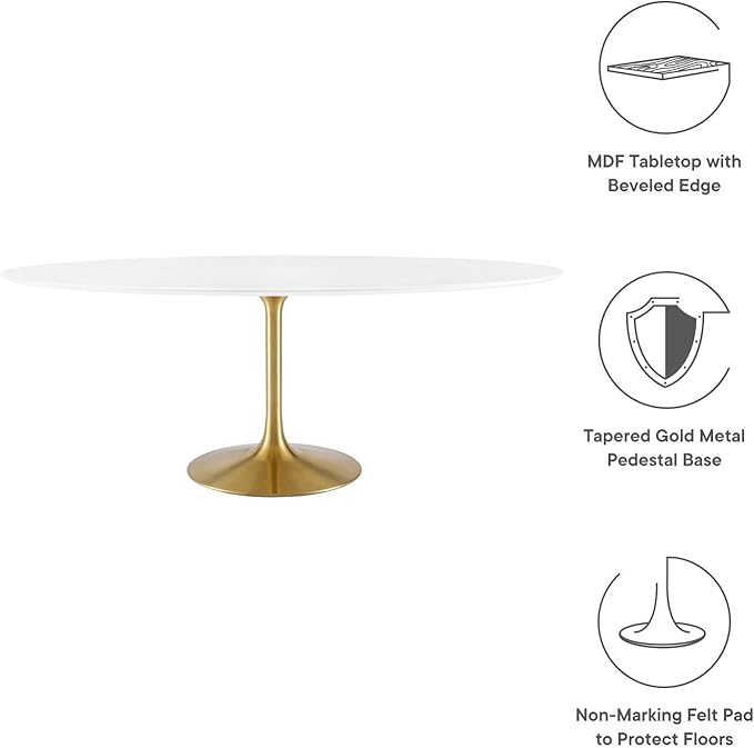 Modway Lippa 78" Oval-Shaped Mid-Century Modern Dining Table with White Wood Top and Gold Base - LeafyLoom