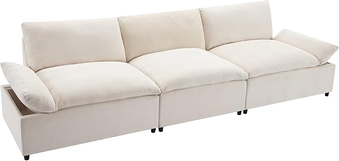 Morden Soft Linen Upholstered 3 Seater Cloud Sofa Couch Super Deep Seat Sleeper Sofa&Couch with Removable Back Cushions and Storage Armrests for Living Room, Apartment, Office, 119.5", Beige-402 - LeafyLoom