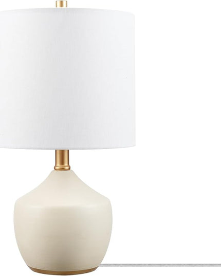Globe Electric Novogratz x 61000042 Novogratz x Globe 16" Ceramic Table Lamp, Cream Finish, Concrete Textured Body, Brass Base, White Linen Shade, Brass Accents, On/Off Rotary Switch on Socket - LeafyLoom