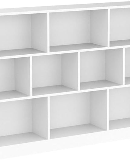 IOTXY Open Shelf Low Bookcase - Wooden 3-Tier Floor Standing Display Cabinet Organizer with Base, 10 Cubes Short Horizontal Bookshelf in Warm White - LeafyLoom