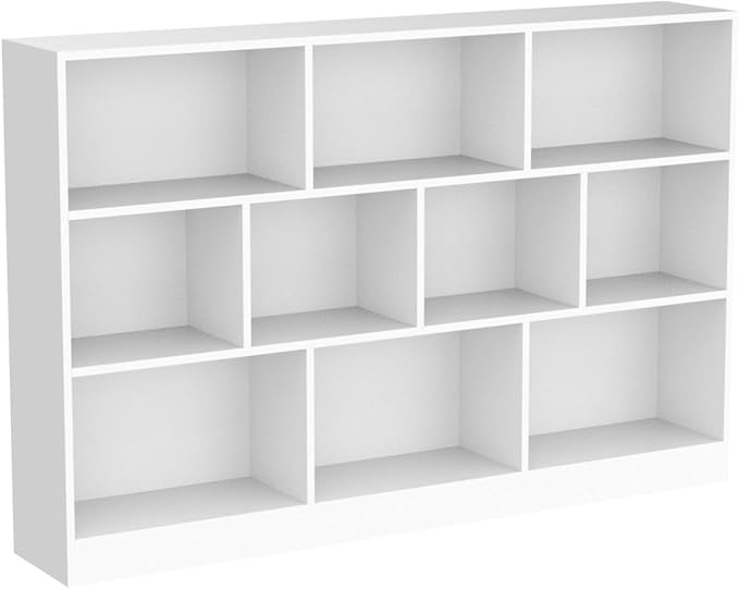 IOTXY Open Shelf Low Bookcase - Wooden 3-Tier Floor Standing Display Cabinet Organizer with Base, 10 Cubes Short Horizontal Bookshelf in Warm White - LeafyLoom