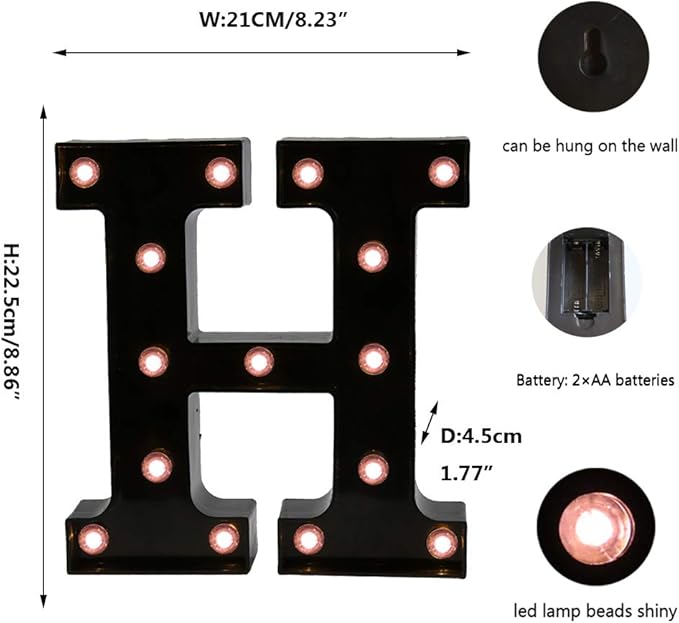 Light Up Black Alphabet Marquee Letters Sign LED Marquee Number Lights Sign for Night Light Home Bar Christmas Lamp Birthday Party Wedding Decoration H - LeafyLoom