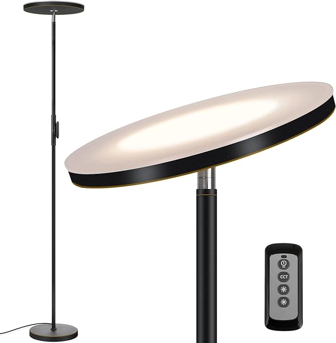 JOOFO Floor Lamp,30W/2400LM Sky LED Modern Torchiere 3 Color Temperatures Super Bright Floor Lamps-Tall Standing Pole Light with Remote & Touch Control for Living Room,Bed Room,Office (Black-Gold) - LeafyLoom