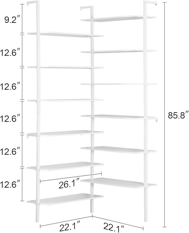 HOMISSUE Corner Bookshelf,12-Tier L Shaped Bookshelf, Double Wide Corner Wall Mount Bookcase with Metal Frame and Wood,Modern Industrial Corner Shelf for Living Room, Kitchen, Home Office White - LeafyLoom