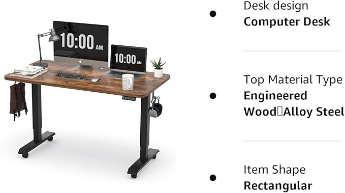 Monomi Electric Height Adjustable Standing Desk, 48x24 Inches, Ergonomic Home Office Sit/ Stand Up Desk (Black Steel Frame/Rustic Brown Top) - LeafyLoom