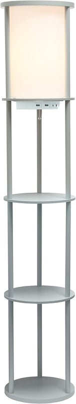 Simple Designs LF2010-GRY 62.5" Round Modern Shelf Etagere Organizer Storage Floor Lamp with 2 USB Charging Ports, 1 Charging Outlet and Linen Shade for Living Room Bedroom, Gray, 11.5 x 11.5 x 62.5 - LeafyLoom